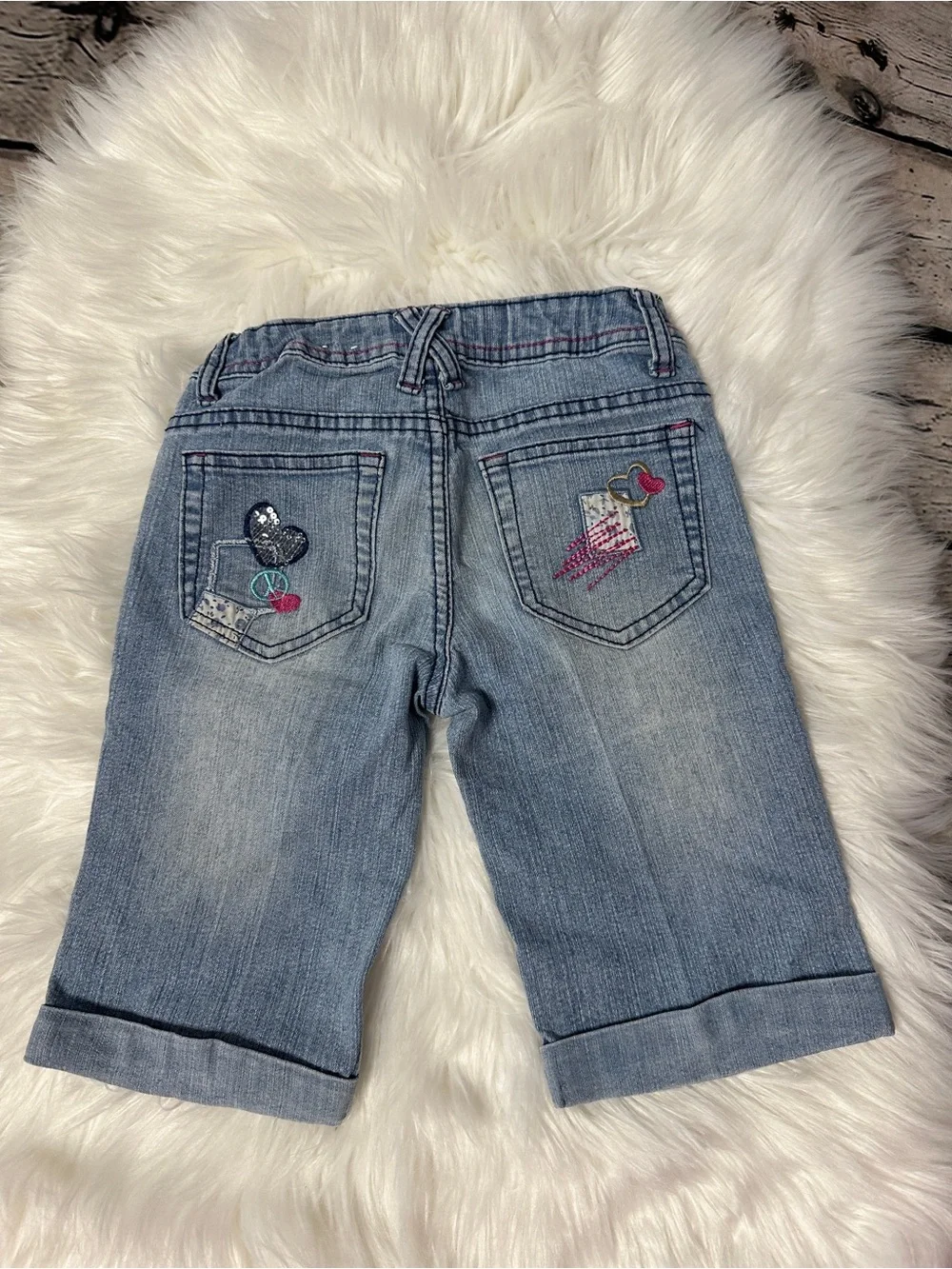 total girl Light Wash Denim Shorts with Pink & Teal Embroidery